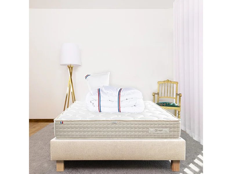 Ensemble Matelas Sublime, 20 cm, mousses haute densité, ferme, face été/hiver + sommier beige ep20cm + oreiller + couette, 90x190cm