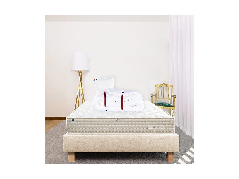 Ensemble Matelas Sublime, 20 cm, mousses haute densité, ferme, face été/hiver + sommier beige ep20cm + oreiller + couette, 90x190cm