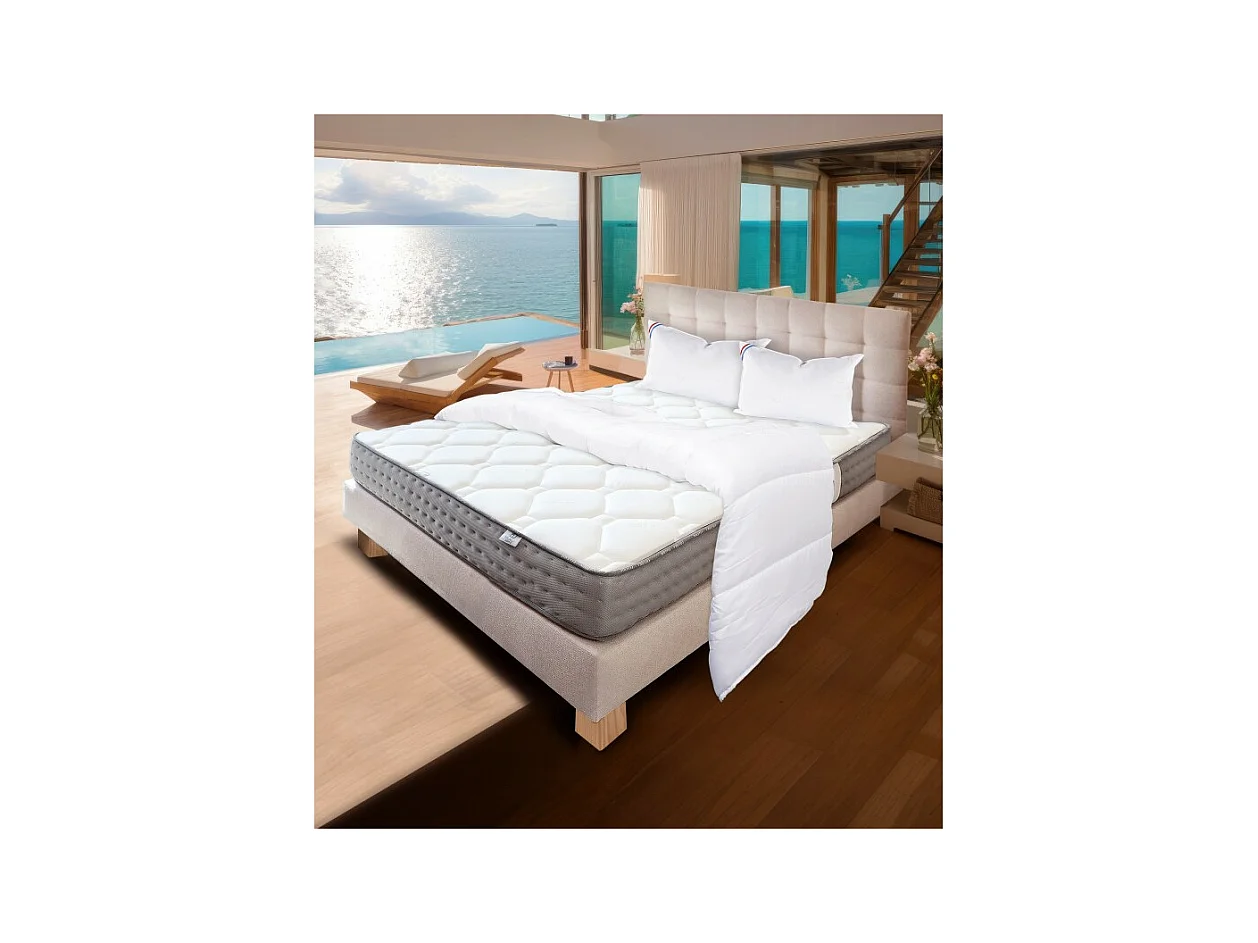 Ensemble Complet Matelas Zen (20 cm),Tête de lit,Sommier (20cm),Oreiller et Couette, 160x200cm