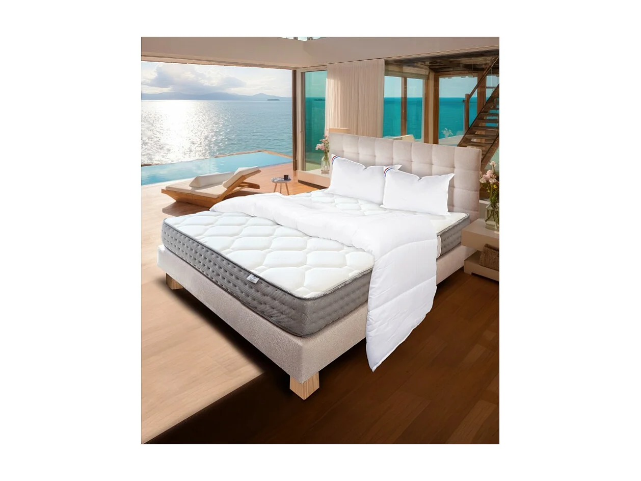 Ensemble Complet Matelas Zen (20 cm),Tête de lit,Sommier (20cm),Oreiller et Couette, 160x200cm