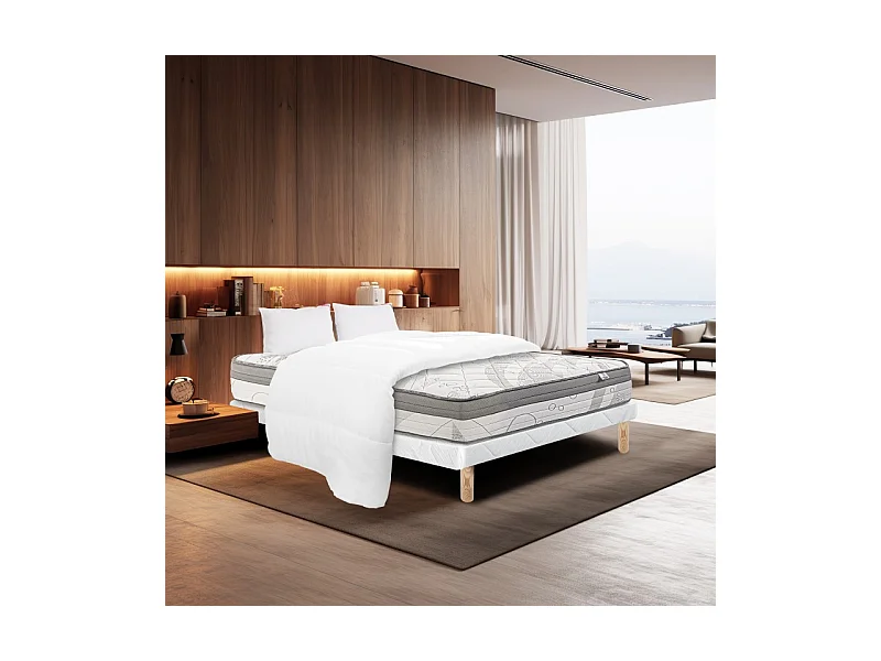 Ensemble Matelas ViscoPlus, 26 cm, mousses haute densité, ferme, face été/hiver + sommier blanc ep 13cm + oreiller + couette, 140x190cm