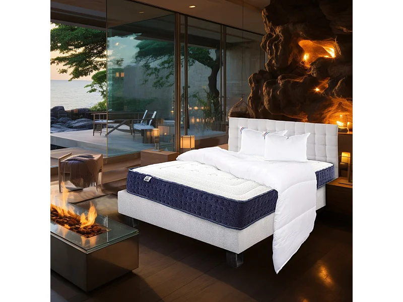 Ensemble Matelas Nuage (24cm), Sommier (20cm), Oreiller, Couette et Tête de Lit- mousses haute densité, mi-ferme, double face, 140x200cm