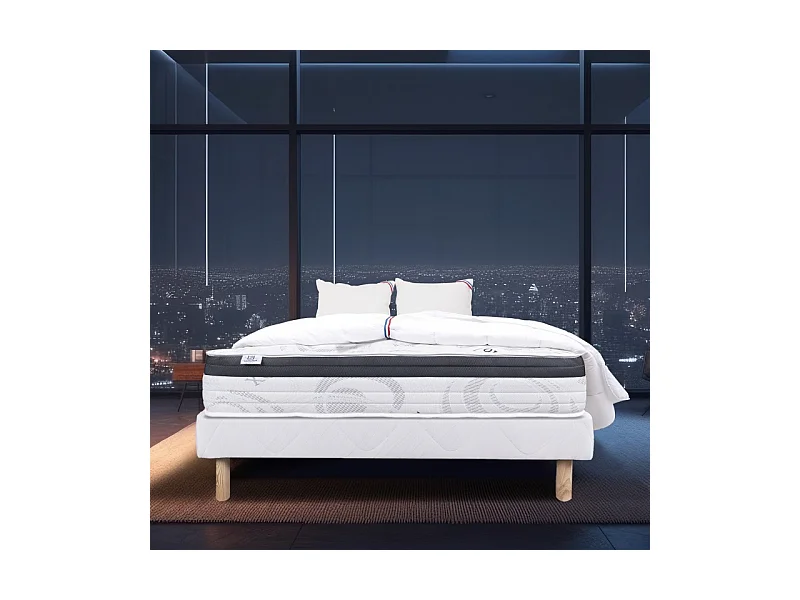 Ensemble Matelas Sleeplux, 26 cm, mousses haute densité, ferme, face été/hiver + sommier blanc ep 13cm + oreiller + couette, 140x190cm