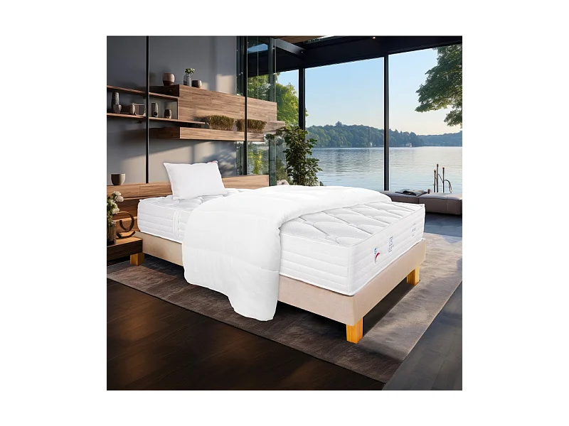 Ensemble Matelas Patriote Mousse, 27 cm, mousses haute densité , ferme, face été/hiver+sommier beige ep20cm+oreiller+couette, 90x190cm