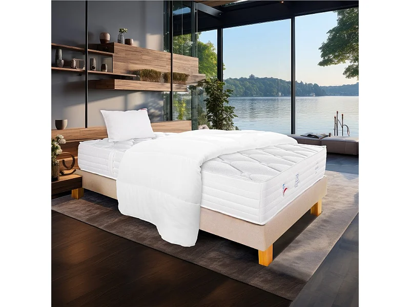 Ensemble Matelas Patriote Mousse, 27 cm, mousses haute densité , ferme, face été/hiver+sommier beige ep20cm+oreiller+couette, 90x190cm
