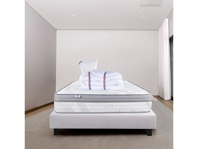 Ensemble Matelas ViscoPlus, 26 cm, mousses haute densité, ferme, face été/hiver + sommier gris ep20cm + oreiller + couette, 140x200cm