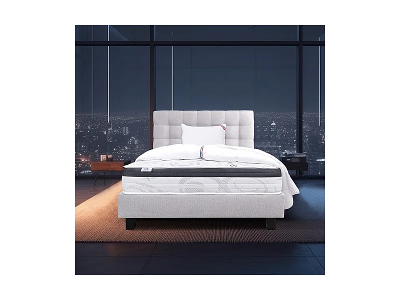 Ensemble Matelas Sleeplux, 26 cm, mousses haute densité, ferme, face été/hiver+sommier gris ep20cm+oreiller+couette+Tête de Lit, 90x190cm