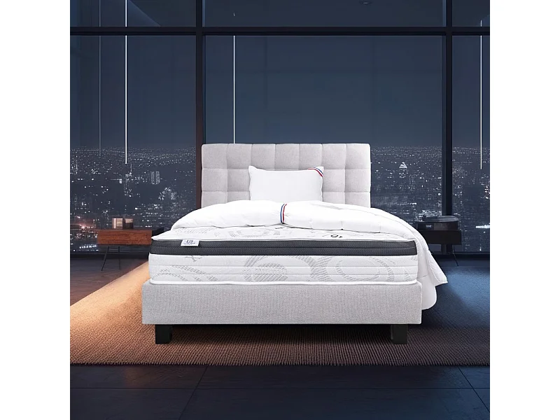 Ensemble Matelas Sleeplux, 26 cm, mousses haute densité, ferme, face été/hiver+sommier gris ep20cm+oreiller+couette+Tête de Lit, 90x190cm