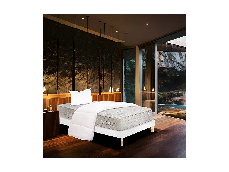 Ensemble Matelas Purlux, 26 cm, mousses haute densité, ferme, face été/hiver + sommier blanc ep 13cm + oreiller + couette, 90x190cm