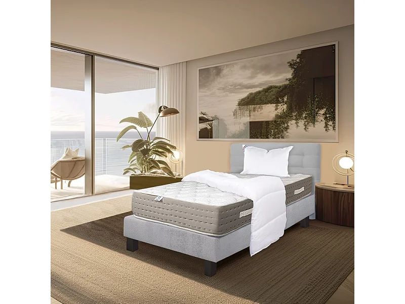 Ensemble Matelas Dreamlux 26cm ressorts ensachés ferme face été/hiver+sommier gris ep20cm+oreiller+couette+Tête de Lit, 90x190cm