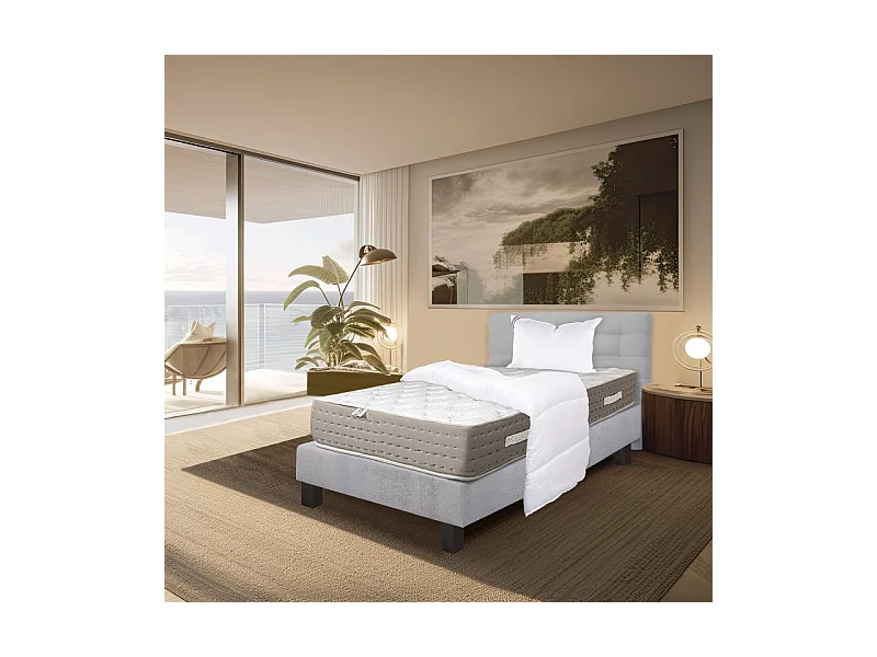 Ensemble Matelas Dreamlux 26cm ressorts ensachés ferme face été/hiver+sommier gris ep20cm+oreiller+couette+Tête de Lit, 90x190cm