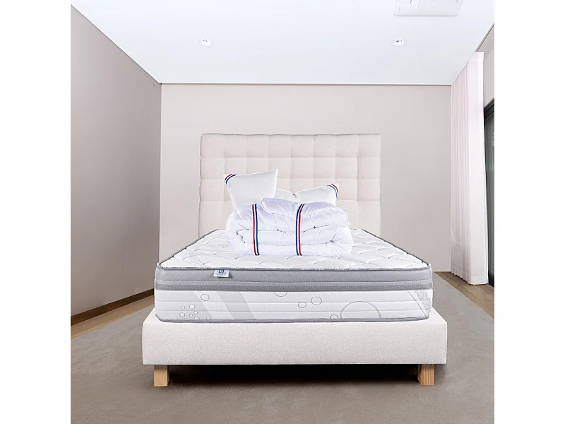 Ensemble Matelas ViscoPlus 26 cm, mousses haute densité, ferme, face été/hiver+sommier beige ep20cm+oreiller+couette+Tête de Lit, 160x200cm