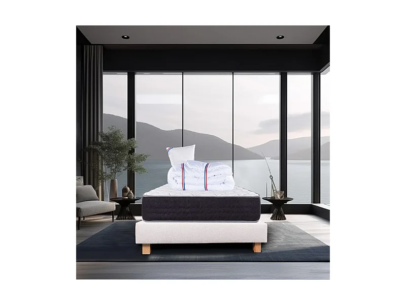 Ensemble Matelas Serenite, 27 cm, ressorts ensachés, ferme, face été/hiver + sommier beige ep20cm + oreiller + couette, 90x190cm