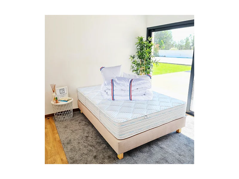 Ensemble Matelas Thermotec (24 cm) ferme-face été/hiver, Sommier(20cm), Oreiller et Couette, 160x200cm