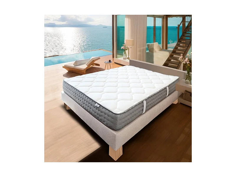 Ensemble Sommier beige (20cm) Matelas Zen (20 cm), mousses haute densité, ferme, face été/hiver, 140x190cm