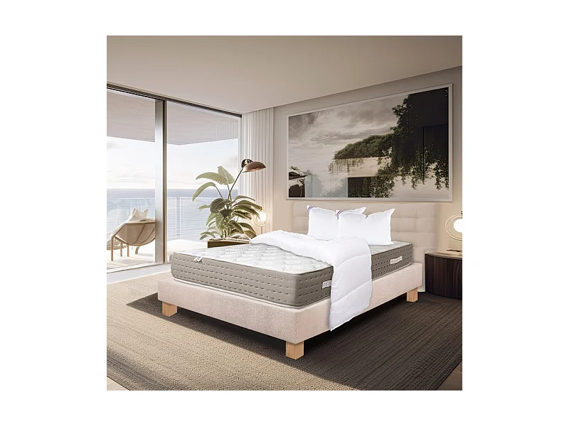 Ensemble Matelas Dreamlux 26cm ressorts ensachés ferme face été/hiver+sommier beige ep20cm+oreiller+couette+Tête de Lit, 160x200cm