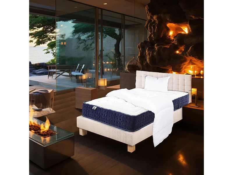 Ensemble complet Matelas Nuage(24 cm), Sommier beige(20cm), Tête de Lit, oreiller et couette, matelas mi-ferme, face été/hiver, 90x190cm