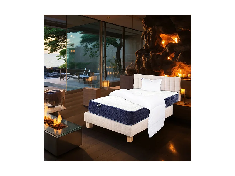 Ensemble complet Matelas Nuage(24 cm), Sommier beige(20cm), Tête de Lit, oreiller et couette, matelas mi-ferme, face été/hiver, 90x190cm