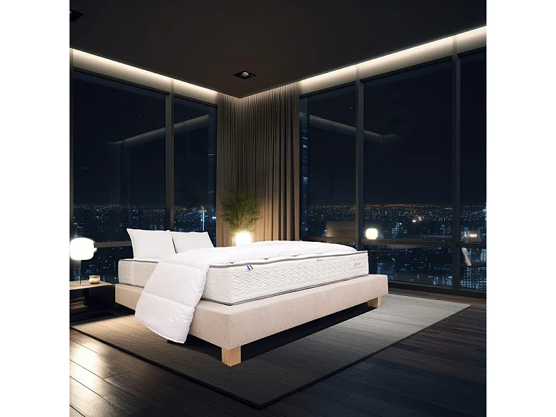 Ensemble Sommier beige (20cm), Matelas Iris (20 cm) mousses haute densité, ferme, face été/hiver, Oreiller et Couette, 140x200cm