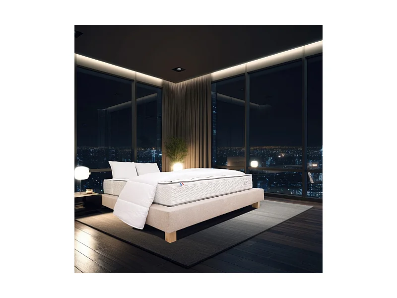 Ensemble Sommier beige (20cm), Matelas Iris (20 cm) mousses haute densité, ferme, face été/hiver, Oreiller et Couette, 140x200cm