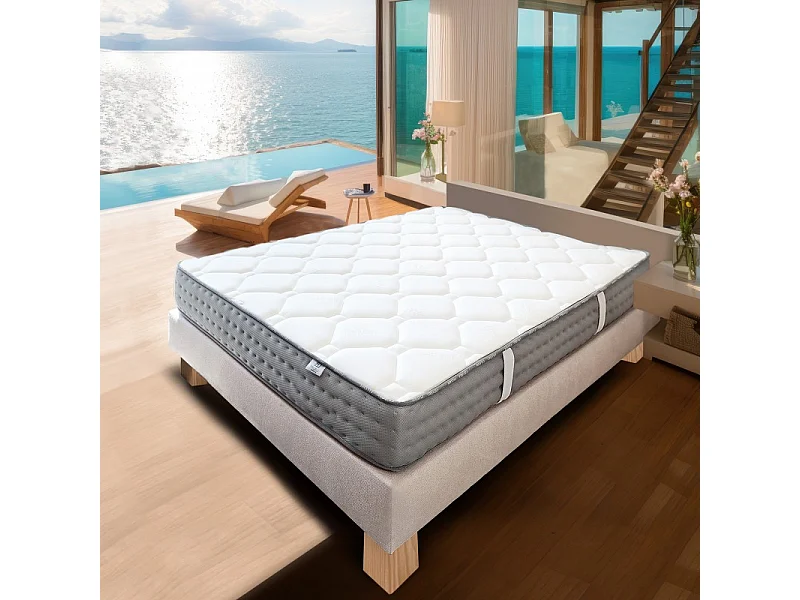 Ensemble Sommier beige (20cm) Matelas Zen (20 cm), mousses haute densité, ferme, face été/hiver, 140x200cm