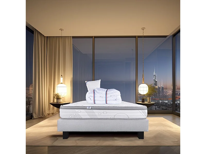 Ensemble Matelas Relaxation, 26 cm, ressorts ensachés, ferme, face été/hiver + sommier gris ep20cm + oreiller + couette, 90x190cm