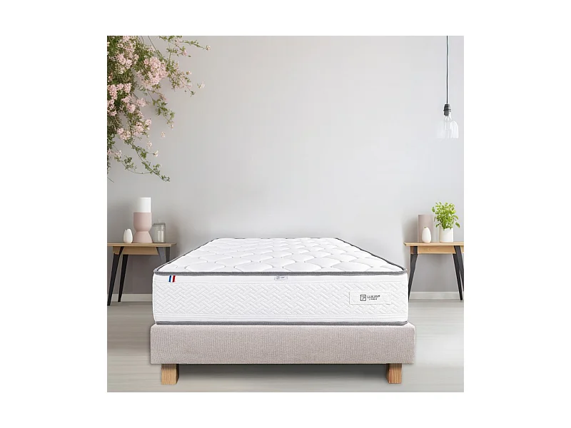 Ensemble Sommier beige (20cm) et Matelas Iris (20cm), mousses haute densité, ferme, face été/hiver, 160x200cm
