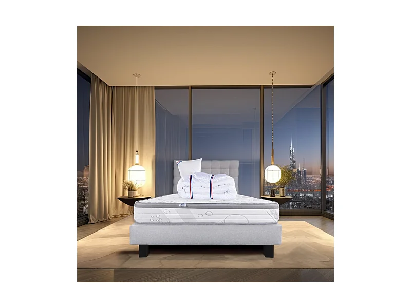 Ensemble Matelas Relaxation, 26 cm, ressorts ensachés, ferme, face été/hiver+sommier gris ep20cm+oreiller+couette+Tête de Lit, 90x190cm