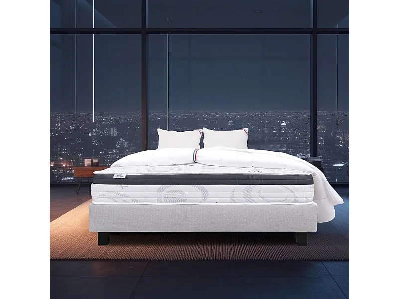 Ensemble Matelas Sleeplux, 26 cm, mousses haute densité, ferme, face été/hiver + sommier gris ep20cm + oreiller + couette, 160x200cm