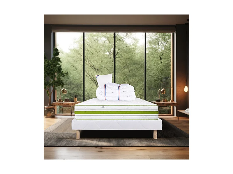 Ensemble Matelas Rêverie, 30 cm, mousses haute densité, ferme, face été/hiver + sommier blanc ep 13cm + oreiller + couette, 90x190cm