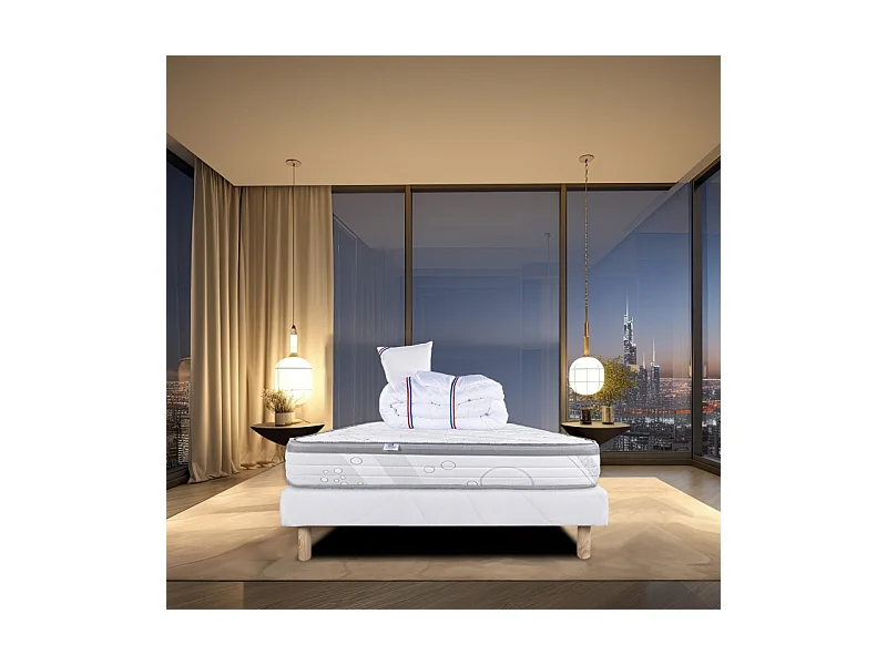 Ensemble Matelas Relaxation, 26 cm, ressorts ensachés, ferme, face été/hiver + sommier blanc ep 13cm + oreiller + couette, 90x190cm