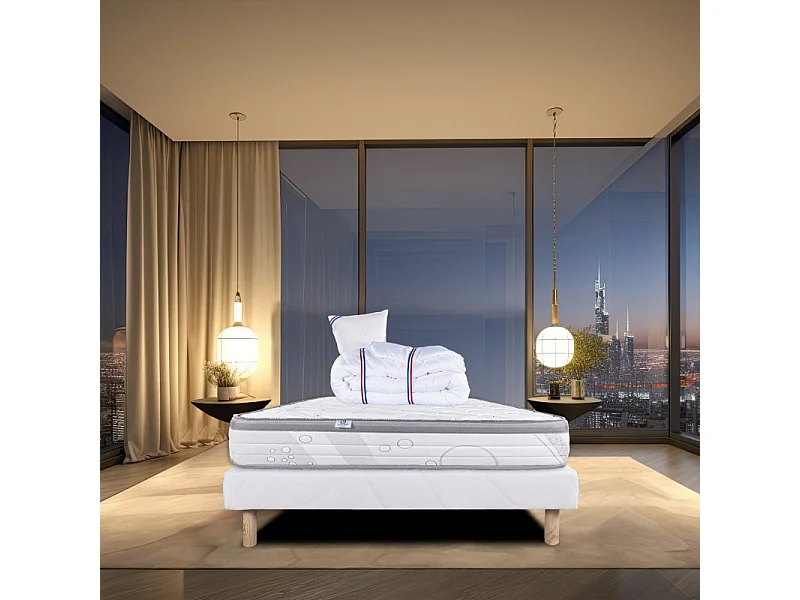 Ensemble Matelas Relaxation, 26 cm, ressorts ensachés, ferme, face été/hiver + sommier blanc ep 13cm + oreiller + couette, 90x190cm