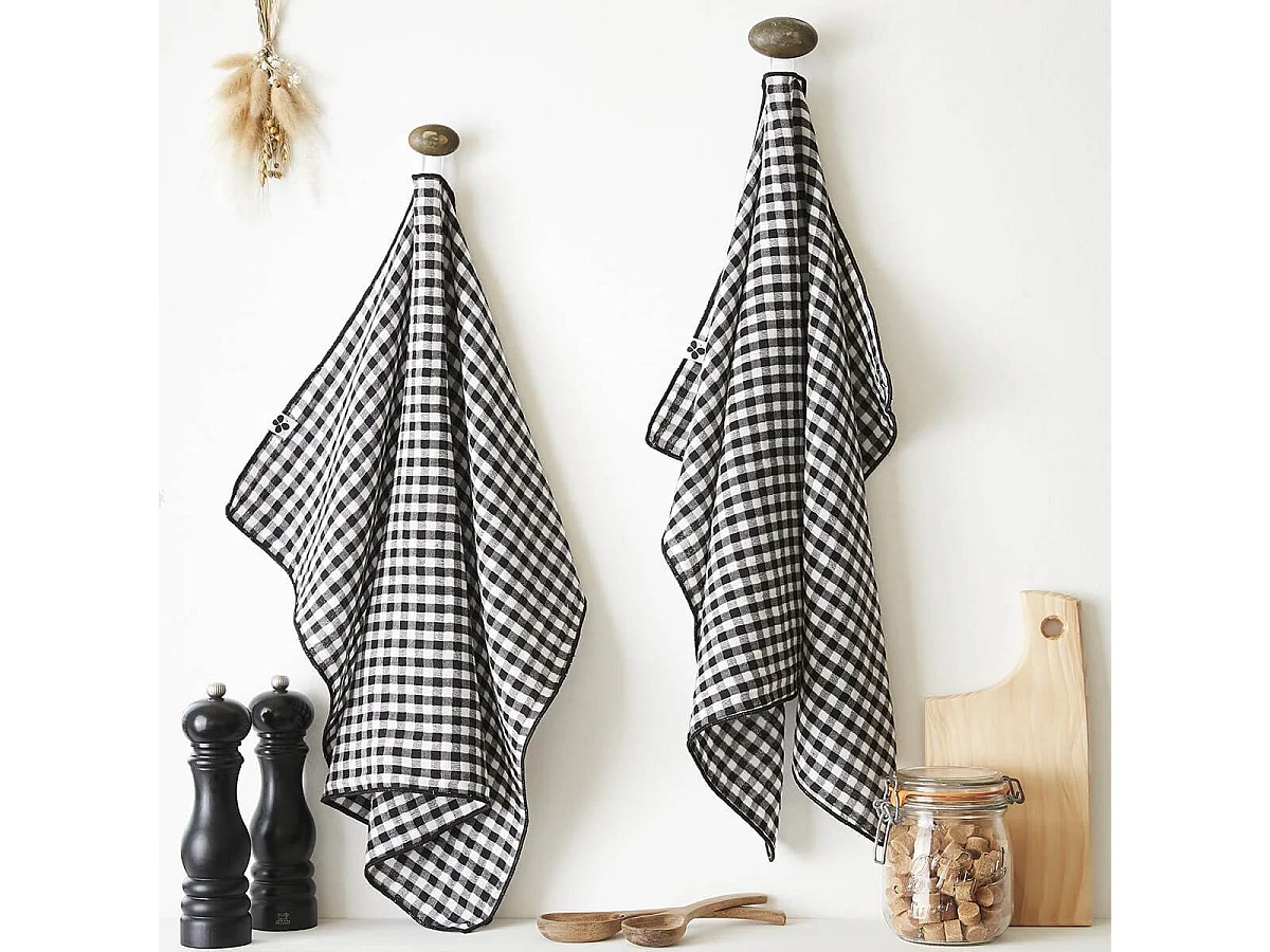 JOEL - Lot de 2 Essuie-mains 50x70cm Gaze de Coton Vichy Coloris Truffe