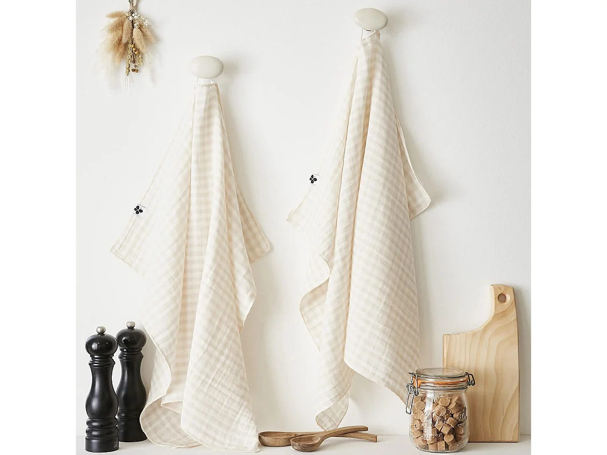 JOEL - Lot de 2 Essuie-mains 50x70cm Gaze de Coton Vichy Coloris Pampa