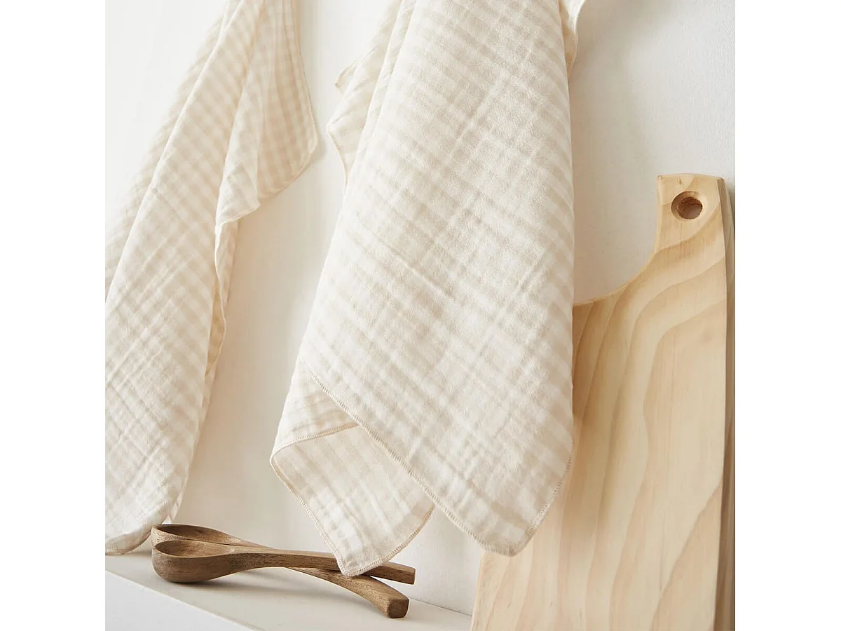 JOEL - Lot de 2 Essuie-mains 50x70cm Gaze de Coton Vichy Coloris Pampa