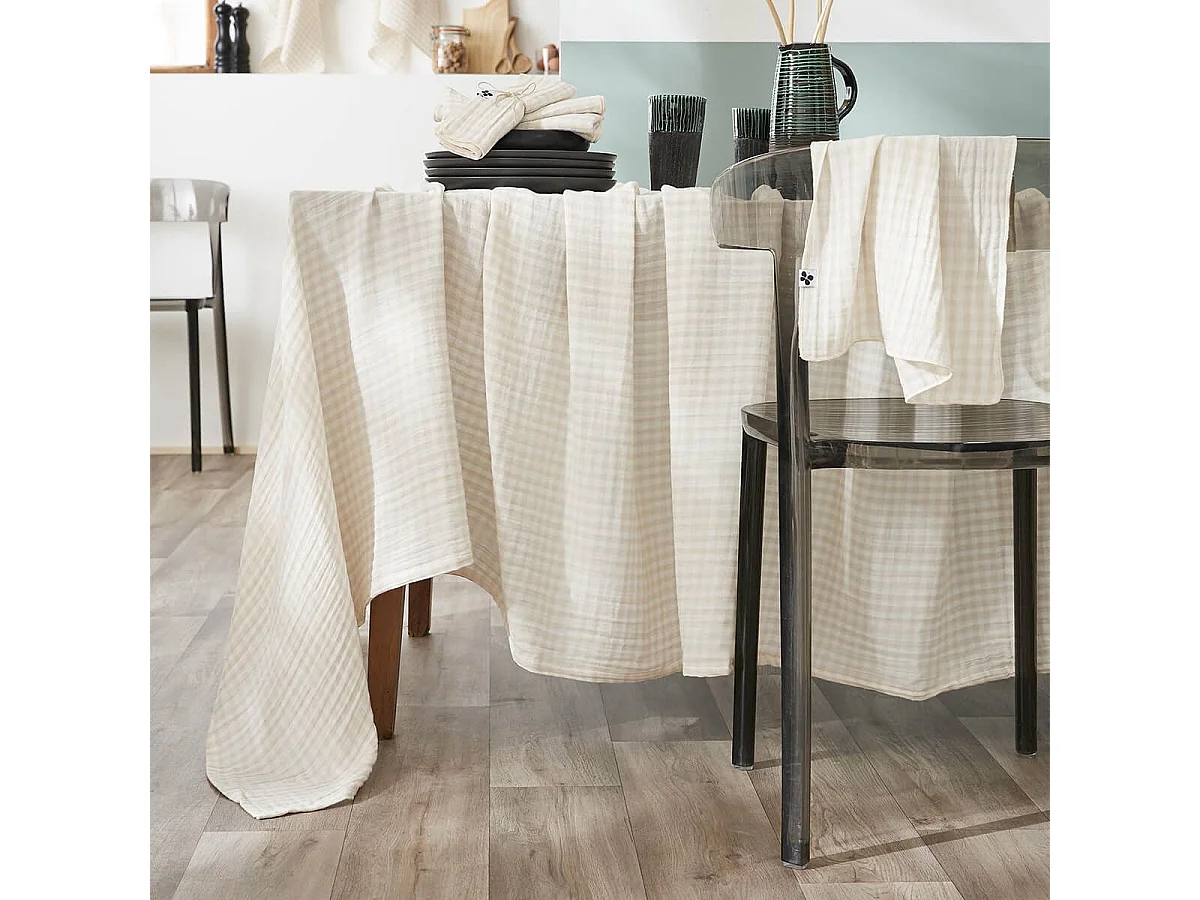 JOEL - Nappe Rectangulaire 150x350cm Gaze de Coton Vichy Coloris Pampa
