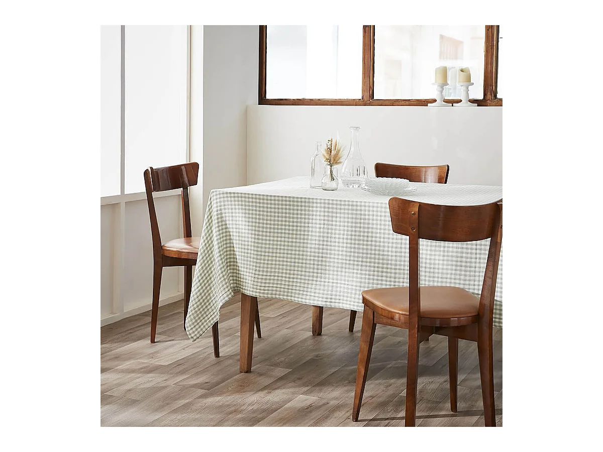 JOEL - Nappe Rectangulaire 150x250cm Gaze de Coton Vichy Coloris Eucalyptus