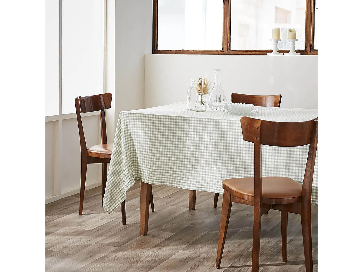 JOEL - Nappe Rectangulaire 150x350cm Gaze de Coton Vichy Coloris Eucalyptus