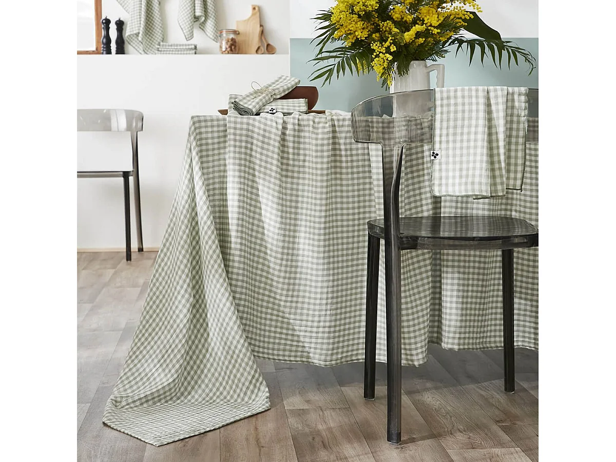 JOEL - Nappe Rectangulaire 150x350cm Gaze de Coton Vichy Coloris Eucalyptus