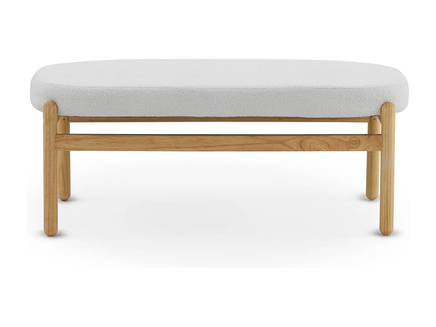 Banqueta tapizada en boucle blanco con estructura y patas en pino