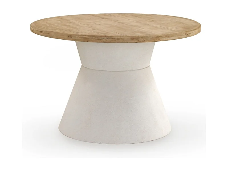 Runder Esstisch aus Fichtenholz mit weißem Polyresin-Sockel