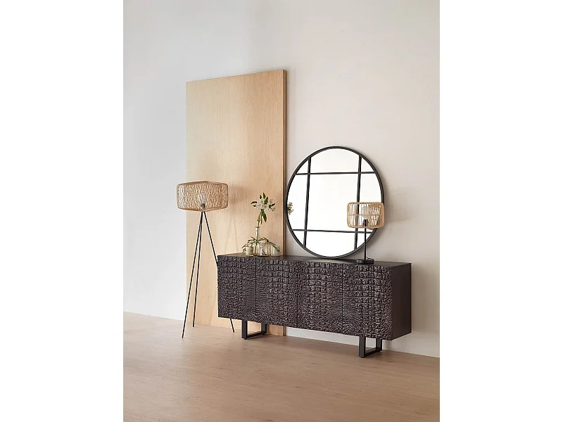 Sideboard 4 Türen Mangoholz Kunstleder schwarz Krokodil