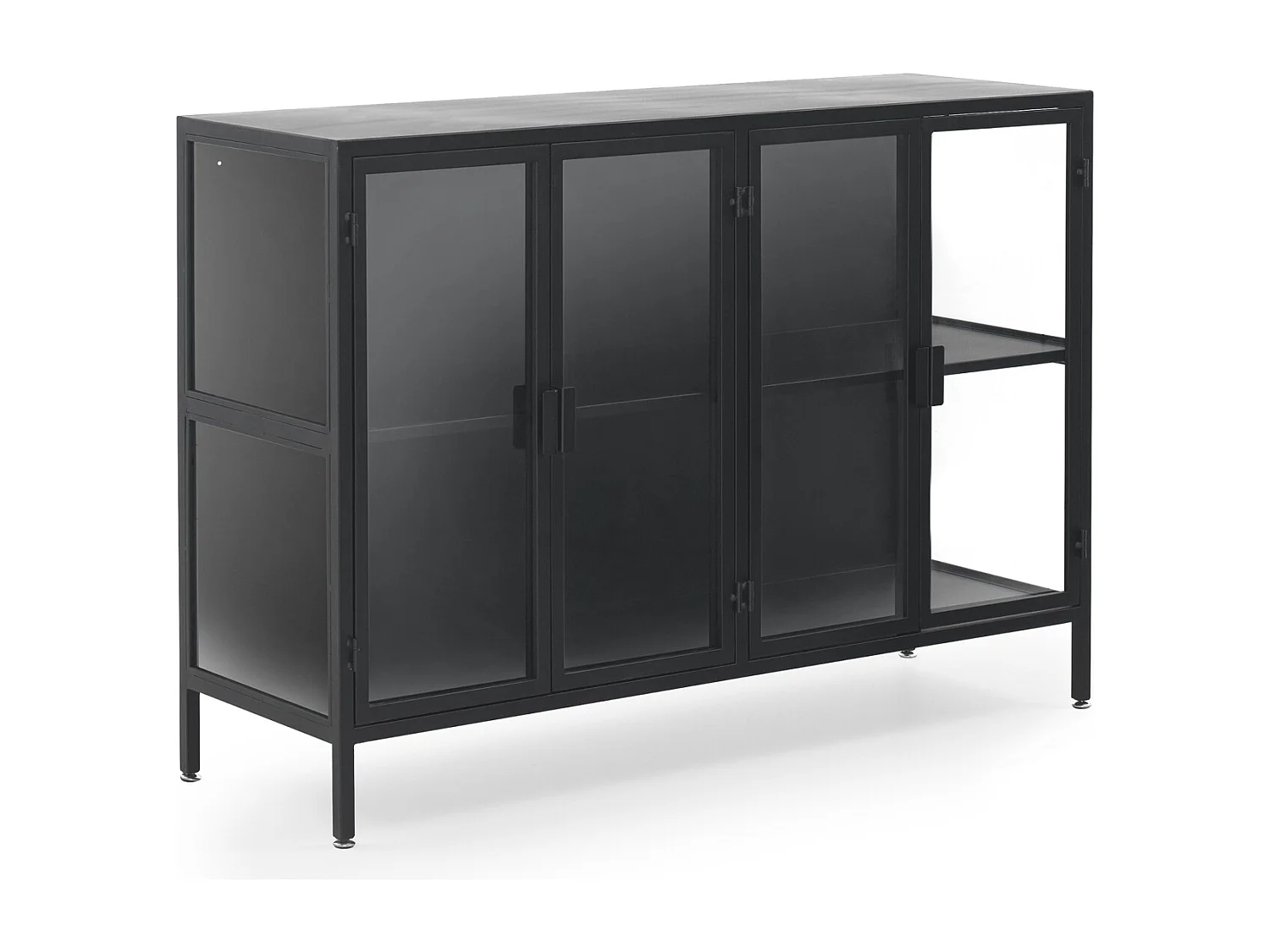 Credenza con ante e fianchi in vetro, struttura in metallo nero