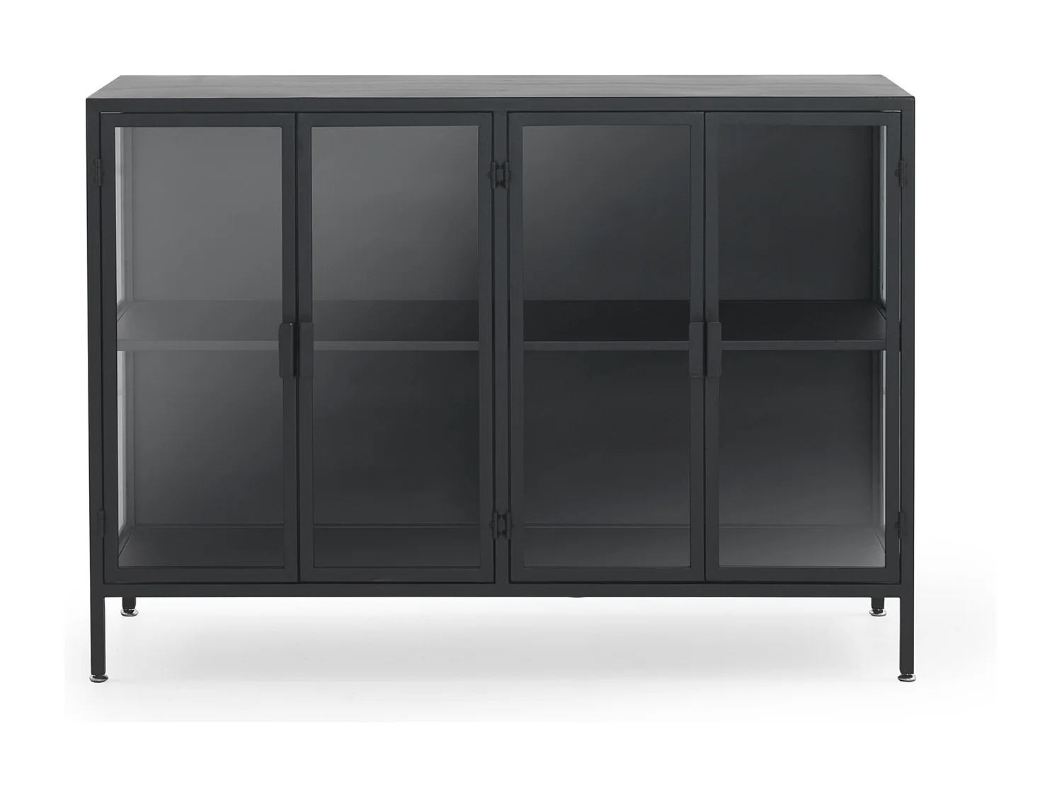 Credenza con ante e fianchi in vetro, struttura in metallo nero