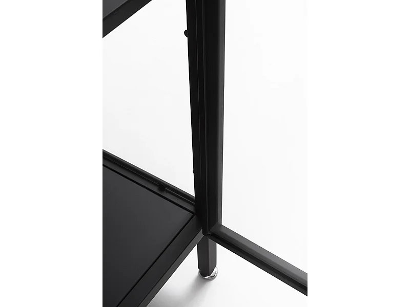 Credenza con ante e fianchi in vetro, struttura in metallo nero