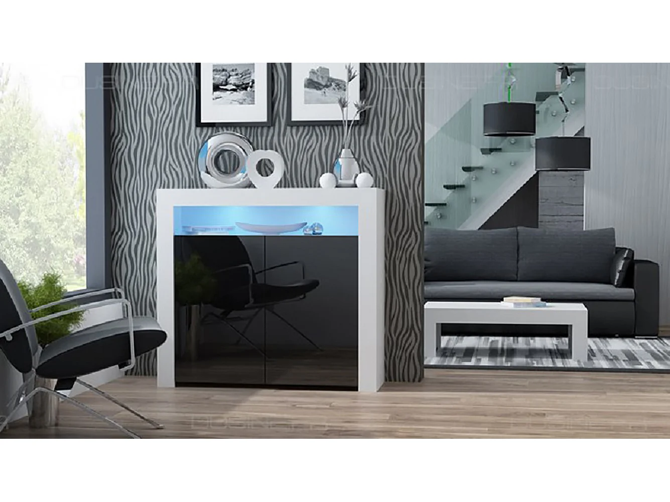 Buffet brillant noir Spider illuminé LED 107cm Caisson Blanc MAT