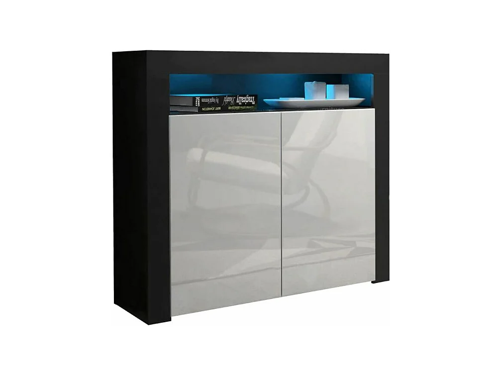 Buffet bahut brillant Blanc Spider illuminé LED 107 cm Caisson Noir MAT