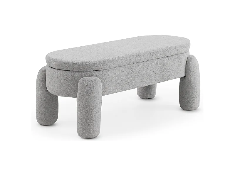 Banqueta-baul estructura y patas tapizadas en boucle gris claro