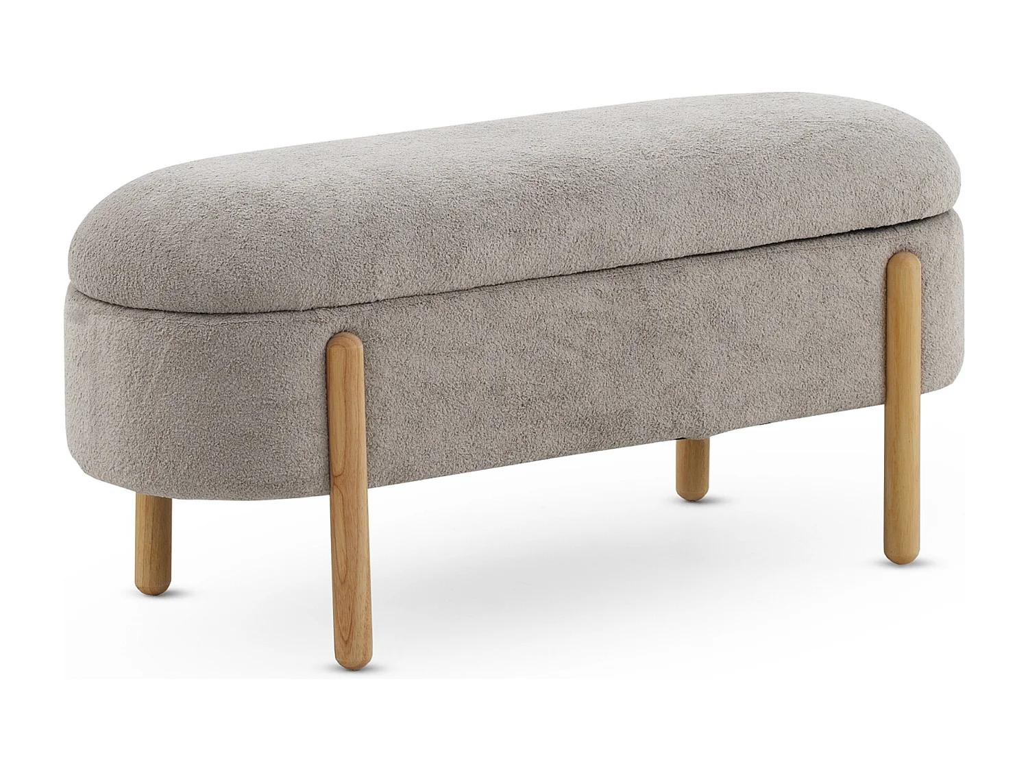 Banqueta-baul tapizada en boucle gris estructura y patas en pino natural