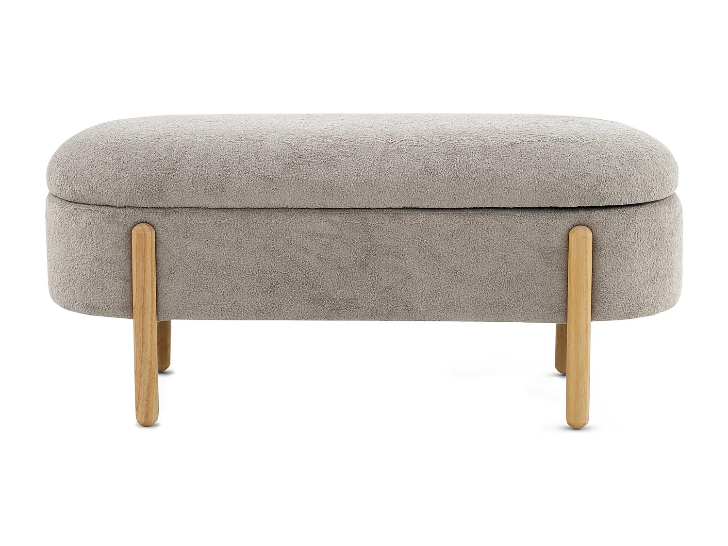 Banqueta-baul tapizada en boucle gris estructura y patas en pino natural